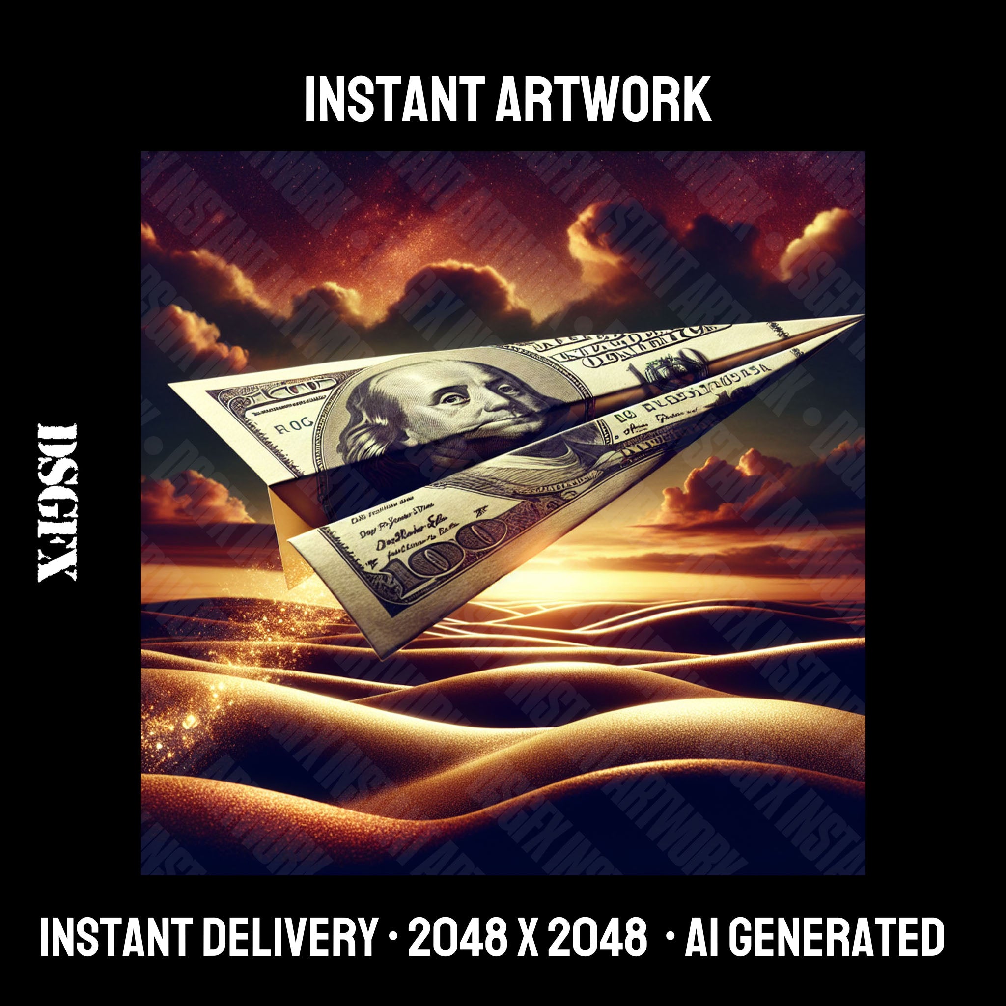 Golden Dreamscape with Flying Currency