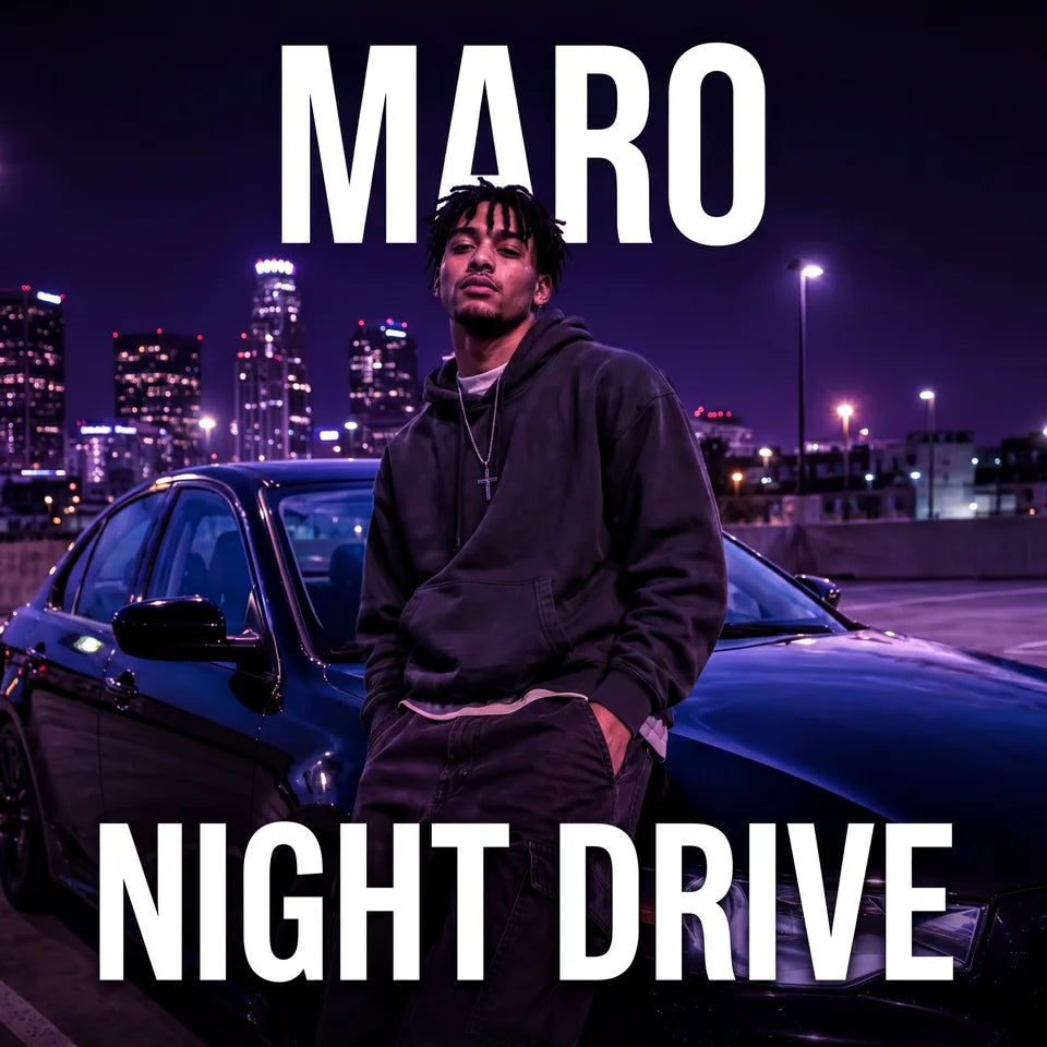 Night Drive cover with an artist beside a car under purple city lights