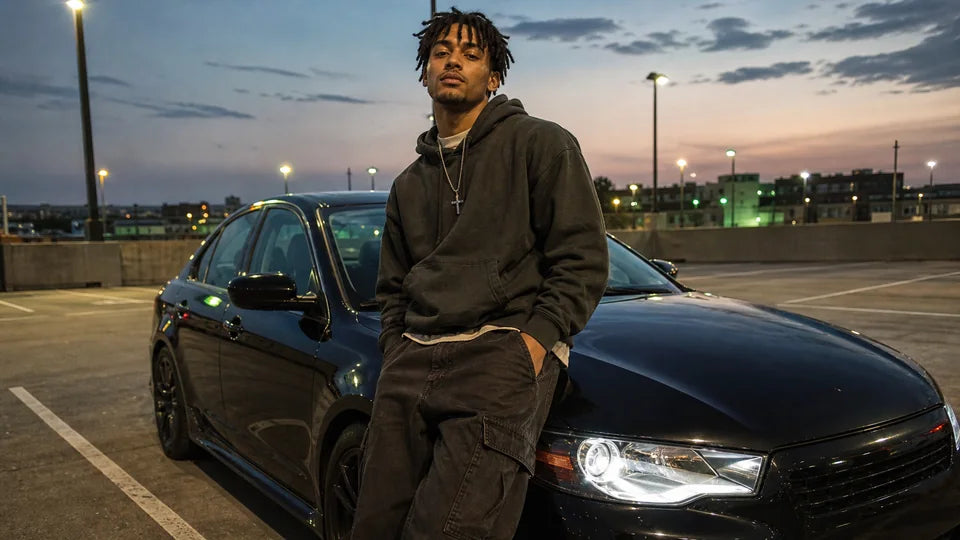 Reference photo of an artist standing beside a car